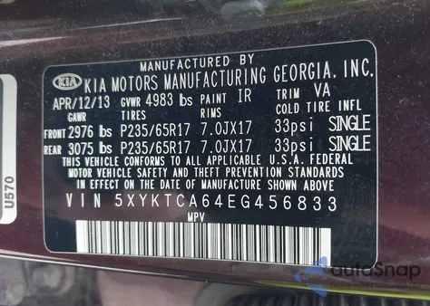 2014 Kia Sorento Lx from USA, damaged, VIN 5XYKTCA64EG456833